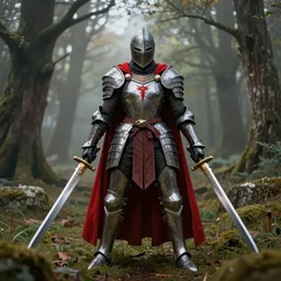 big muscular helmeted female warrior with a long red cape wielding two swords wearing full body knight!! armor, forest plains of yorkshire, misty forest, elden ring, dark souls, good value control, digital painting, sharp focus, rule of thirds, 4k, kamen rider armor, rubber suit, centered, magic hour photography, atmospheric, moody vibrant colors