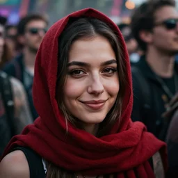 a ultra high resolution close - up of a beautiful young woman standing in crowd of psytrance music festival, looking down at the camera. her face is partially obscured by a red scarf, and she has a smiling expression. highly detailed and clean face!!! the light is dim, and the colours are muted. kodak etkar 1 0 0