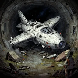 inside the wreckage of a crashed spaceship, from a space themed point and click 2 d graphic adventure game, art inspired by thomas kinkade