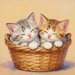 two kittens sleeping in a basket, acrylic paint, warm color palette, happy