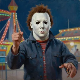 painting of Michael Myers having fun at an amusement park, sharp focus, trending on ArtStation, masterpiece, by Greg Rutkowski, by Ross Tran, by Fenghua Zhong, octane, soft render, oil on canvas, high contrast, cinematic, environmental concept art