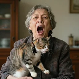 an old woman opening her mouth wide and a cat jumping down her throat