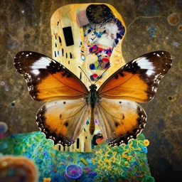 a drak butterfly in the microscopic world, houdini vfx, realism, by gustav klimt
