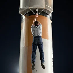 acrophobic view medium shot, a man hanging with one hand on the top of a nasa rocket