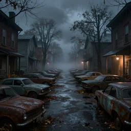 silent hill in real life, desolate town, empty streets, nightmarish, some rusted retro futuristic parked cars, overcast, blankets of fog pockets, rain, volumetric lighting, beautiful, night time, autumn, sharp focus, ultra detailed, cgsociety