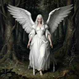 a witch in a white dress, with hooves and wings, stands in a gloomy forest and looks at me, centered, high detailed, wikiart, drawn by durer