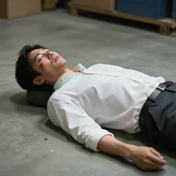 film still of a wounded man in a white shirt laying in a warehouse next to a gun on the ground. moody, grainy, 4 k, directed by quentin tarantino,
