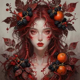 digital painting crimson goddess, lots of branches, leaves and berries of blackberries and oranges, wonderful eyes, symmetrical, fantasy, highly detailed, realistic, complex, fantasy, over - detailed, elegant, complex, dynamic lighting, hyperrealism, digital art, digital painting, artstation, wlop, clear focus, illustrations by filipe pagliuso and justin gerard