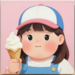 portrait of a cute fat girl in cap with ice cream by shusei nagaoka kaws, david rudnick, airbrush on canvas, pastell colors, cell shaded 8 k