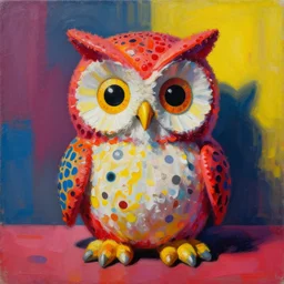 a beautiful painting lovely toy owl, by picasso by kusama yayoi award - winning art, andy warhol color, dramatic light, octane render, color screen printing