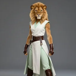 beautiful portrait of a female anthropomorphic lioness princess fursona wearing sleeveless pale - white and pale - green jedi robes. leather gloves. leather boots. leather belt. character design by charlie bowater, ross tran, artgerm, and makoto shinkai, detailed, soft lighting, rendered in octane