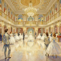 a beautifull intricate watercolour painting of a ballroom, reflexions, verry high details by william turner art, greg rutkowski and alphonse mucha, trending on artstation, very very detailed, masterpiece, muted colors