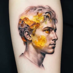 creative double exposure effect tattoo design sketch of amber head faded with beautiful mountain scenery, realism tattoo, in the style of matteo pasqualin, amazing detail, sharp