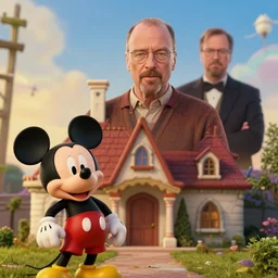 highly detailed shot of better call saul cross over with mickey mouse house season finale with walter white appearing in the background