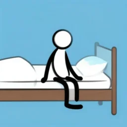 digital art, stick figure sitting on the ledge of a bed, simplistic, creative