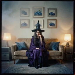 kodak portra 4 0 0, wetplate, award - winning colour portrait : occult wizard and witch dadcore vacation, a 1 9 6 0 s room, 1 9 6 0 s couch, blueberry, square picture frames, haze, concrete, shining lamps, 1 9 6 0 s metal furniture, smoke, fog