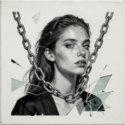 she chained in neon chains, digital collage, decoupage, assemblage, photomontage, canvas texture, hight contrast, minimalist, contemporary art, punk art, photorealistic, portrait, expressionism, masterpiece, dynamic composition, spectacular quality, intricate oil details, broken glass