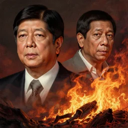 bongbong marcos, clouse up portrait of ferdinand bongbong marcos jr. and rodrigo duterte burning in hell, greg rutkowski, immerse, slime, 1 9 th century, detailed face