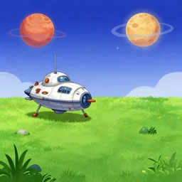 next to a [ small spaceship ], that has landed on a grass field, on a remote planet, from a space themed point and click 2 d graphic adventure game, art inspired by thomas kinkade and mark keathley and greg rutkowski