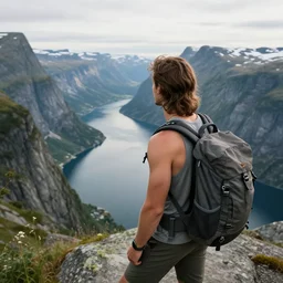a young man with long brown looking at fjords, hiking clothes, tank top, backpack, norway, fjords in background, cinematic, beautiful, stunning, day time, epic