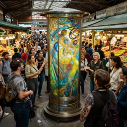 teleportation machine in a crowded marketplace, with people haggling and bargaining all around you by louis comfort tiffany