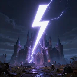 Landscape with GIANT neon lightning bolt striking a futuristic castle, center composition, cinematic, rendered by simon stålenhag, rendered by Beeple, Makoto Shinkai, syd meade, environment concept, digital art, starwars, unreal engine, 3 point perspective, WLOP, trending on artstation, low level, 4K UHD image, octane render,