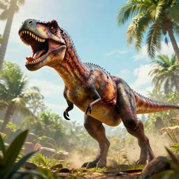 super super super epic cinematic shot of spinosaurus, jurassic park movie, 8k scene, bloody, ++++++ super super super dynamic action, concept photos, dynamic lighting, dynamic shaders, sunny day, palm trees, amazing quality