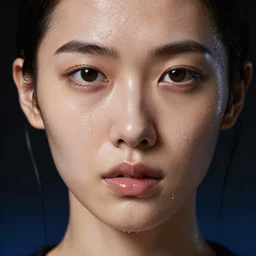 close - up, glare sweat skin woman, photorealistic, liquid black and blue background