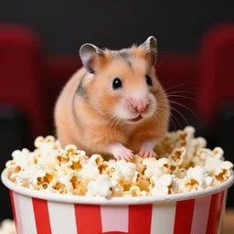 a hamster sitting on top of a bucket of popcorn at the movie theater, close up, dslr photo