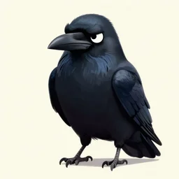 anthropomorphic raven character. angry facial expression. character study. timeless
