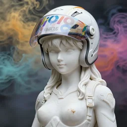medium close up portrait of extremely beautiful photo of a white marble statue of an anime girl with colorful motocross logos and motorcycle helmet with closed visor, colorful smoke in the background, carved marble statue, fine art, neon genesis evangelion, virgil abloh, offwhite, denoise, highly detailed, 8 k, hyperreal