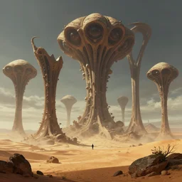 a mysterious alien desert landscape with giant giger fractal shell towers by James gurney and Greg rutkowski, highly detailed, artstation, concept art futuristic dramatic lighting