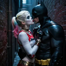 batman kissing Harley Quinn in a dark alley in Gotham city