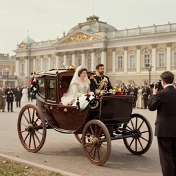 An extreme long shot wide shot, Russian and Japanese mix historical fantasy a colored photograph taken of the empress and emperor's royal wedding in their carriage back to the palace, they had a private moment together, golden hour, warm lighting, 1907 photo from the official wedding photographer for the royal wedding.