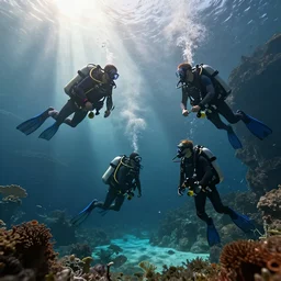 scuba divers in aquarium battle royale, superwide angle, light through the mist, dramatic lighting, photorealistic, cinematic lighting, high detail, cinematic feel, high octane, 4 k, unreal engine, digital render, intricate, ultra realistic, concept art