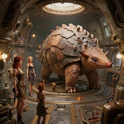 interior of a steampunk zeppelin inhabited by several pretty women and one giant pangolin dressed, 3d scene, render, ultra realistic, zenith view, Greg Rutkowski, artstation, cgsociety, level design, unreal engine, 3d scene, render, ultra realistic, zenith view, Enki Bilal style