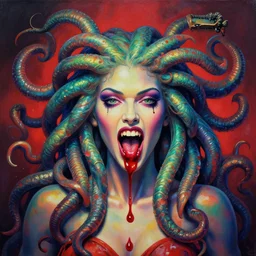 a beautiful painting lovely 3 d medusa, expose blood - sucking teeth by ukiyo - e award - winning art, andy warhol color, dramatic light, octane render