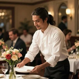 portrait of an attractive male waiter ( with very long dark hair tied in a ponytail ) serving a table, ( ( wholesome, ) ) blurry background of a busy restaurant, bloom, medium shot, waist up, dramatic lighting, in the style of studio ghibli, j. c. leyendecker, greg rutkowski, artgerm
