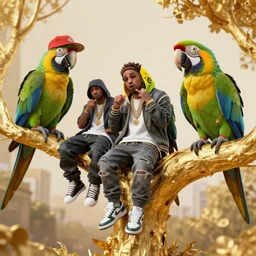 parrots dressed in rapper clothes, sitting on golden trees, rap scene, concept art, trending on artstation, highly detailed, digital art, 8 k