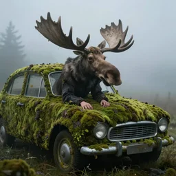 photo, young woman made of moss, old car, depressing, fog, moose, apocalypse