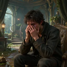 highly detailed portrait of a lonely man crying in a beautiful house, unreal engine, fantasy art by greg rutkowski