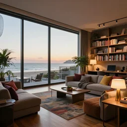 Extremely detailed wide angle photograph, atmospheric, beachfront view, large open windows, reflections, award winning contemporary modern interior design city apartment, living room, cozy and calm, fabrics and textiles, colorful accents, brass and copper, many light sources, lamps, oiled hardwood floors, book shelves, couch, desk, plants