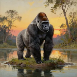 oil painting of a gorilla standing on a small island surrounded by shallow water and trees at sunset, trending on artstation