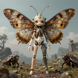 portrait of a beautiful jointed art doll, super dollfie, bjd, biopunk, solarpunk, dystopian, big giant moths, surreal, simon stalenhag, intricate, 8 k render in octane, sharp focus, award winning landscape photography