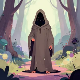 shamanistic anthropomorphic druid rat, wearing infested tattered hood, otherworldly on forest path, pixiv fanbox, dramatic lighting, maximalist pastel color palette, splatter paint, pixar and disney concept, graphic novel by fiona and dustin nguyen, peter elson, alan bean, wangechi mutu, clean cel shaded vector art, on artstation