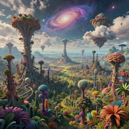 a view of a surreal alien variated fractal landscape with gigantic and small colorful weird trees and flora in a large alien forest scattered across the vast landscapes, surreal clouds, floating islands, 8 k, retro, detailed, vibrant, weird skies, extradimensional, galaxies, atmospheric, trending on artstation