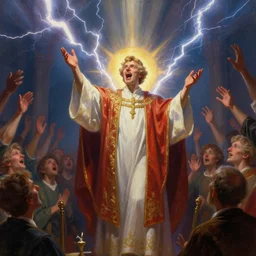 an intricate portrait of prince as a church preacher giving a sermon, telling the congregation to go crazy, lightning bolts, sunbeams, highly detailed, art by mimmo rotella and tim white, digital painting, artstation, smooth, super 8, dynamic lighting by delphin enjolras, ultrarealistic, cinematic, octane render