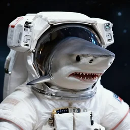 a head of a shark inside an astronaut suit stunning space background