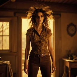samara from the ring with wild, untamed hair is standing in a cabin in the 1 9 7 0 s, she is undead, seventies, golden hour, painterly, offset printing technique, by alexandre cabanel, if you see her you die in seven days