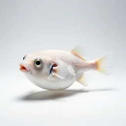 albino pufferfish, professional studio photo, full body, isolated on a pure white background, centered, entire subject in frame, sharp focus, soft studio lighting